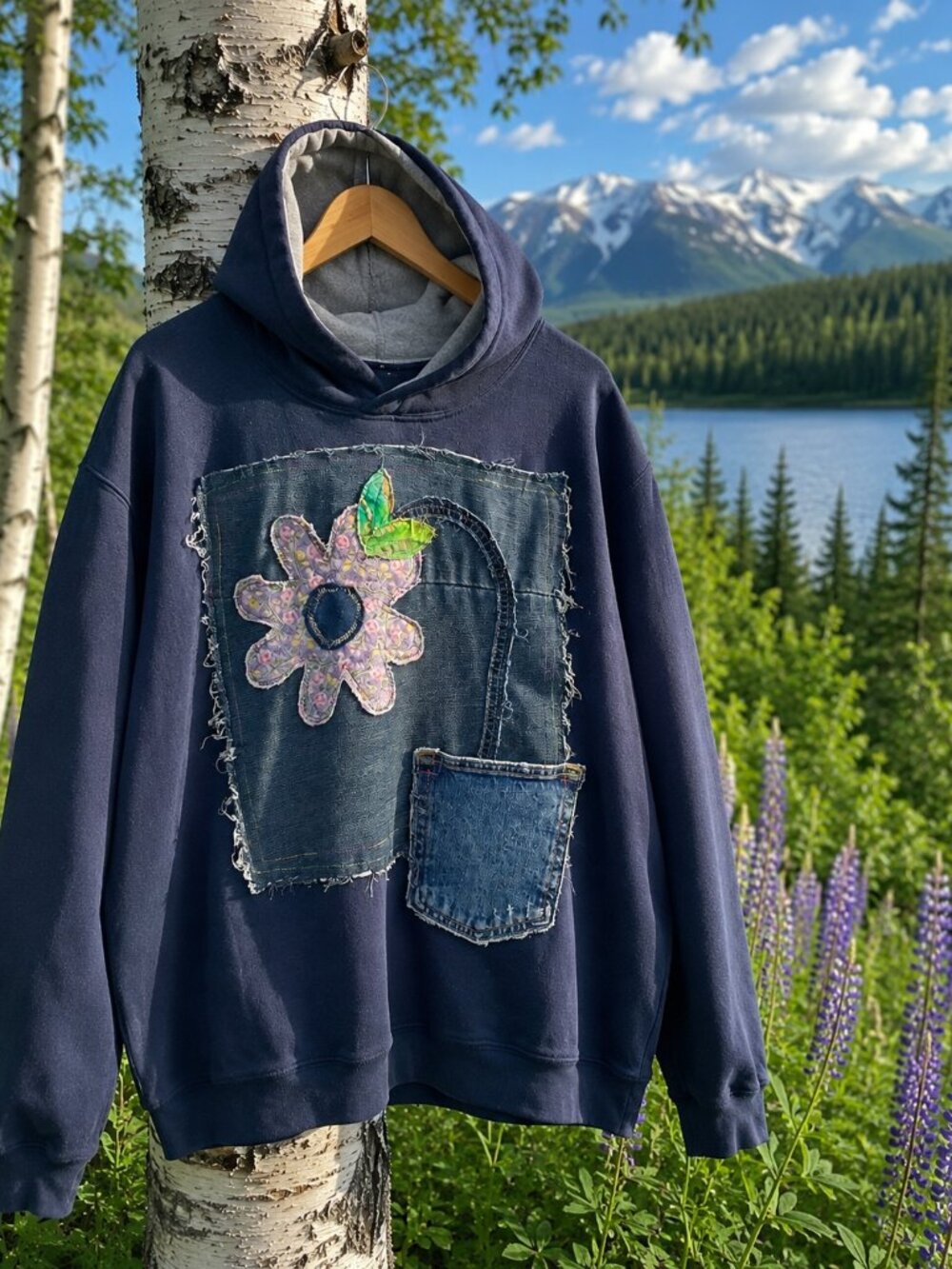 Handmade Upcycled Denim Hoodie Wearable Art Pocket Flower XL